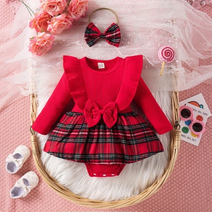Baby Jumpsuit Spring and Autumn Red Long Sleeve Plaid Bag Fart Skirt Baby Girl Christmas Clothes