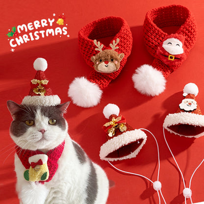 Pet Christmas suit Cat Scarf Headwear Scarf Medium and Small Dog Knitted Wool Hanging Hair Ball Elk