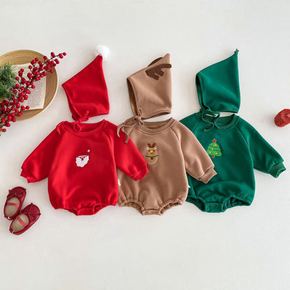 Baby Christmas Outfit for Autumn and Winter, Infant and Toddler One-Piece Fleece-Lined Thickened Romper for Warmth