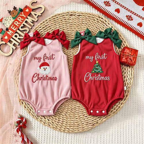 Infant Christmas Romper Sleeveless Ribbed Bodysuit with Bow, Santa Claus and Christmas Tree Embroidery for Newborns