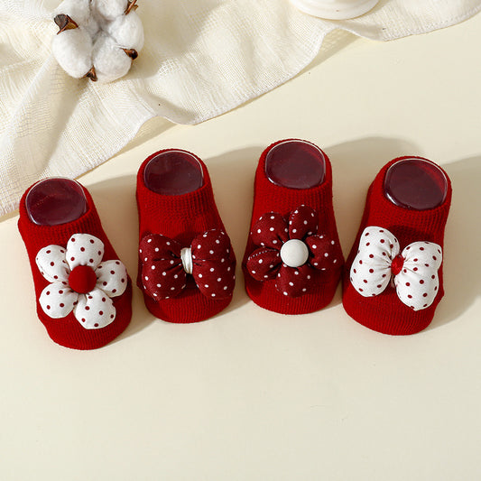 New Year Christmas Flower Bow One-year-old Socks Boat Socks Red Baby Socks