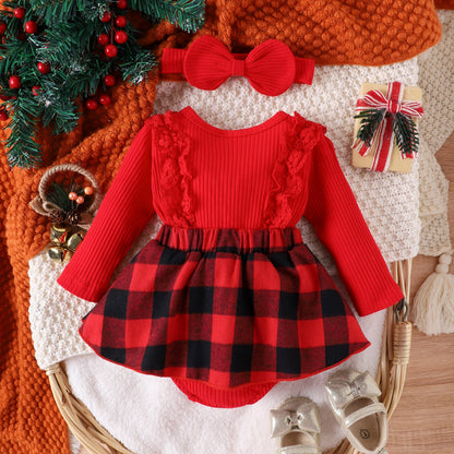 Autumn and Winter Children's Clothing Lace-Trimmed Girls' Patchwork Triangle-Style Ribbed Romper Plaid Jumpsuit Christmas Set
