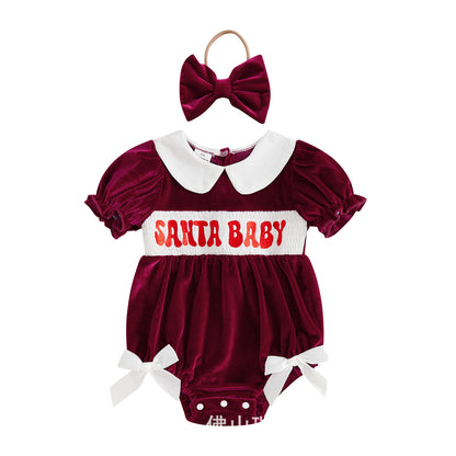 Baby Girl's Christmas Red Velvet Romper With Letter Embroidery + Bow Hair Accessory