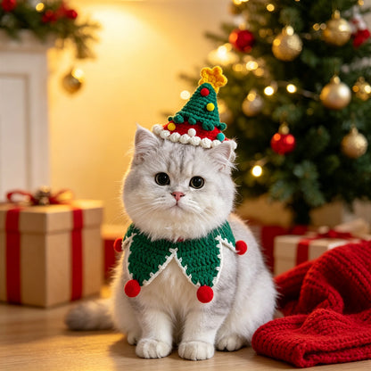Cat and Dog Triangular Christmas Bib, Neck Scarf, Hat Set, Pet Holiday Bell Christmas Scarf