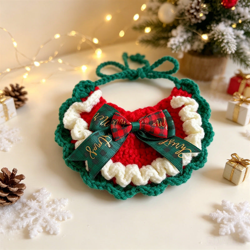 Cat and Dog Triangular Christmas Bib, Neck Scarf, Hat Set, Pet Holiday Bell Christmas Scarf