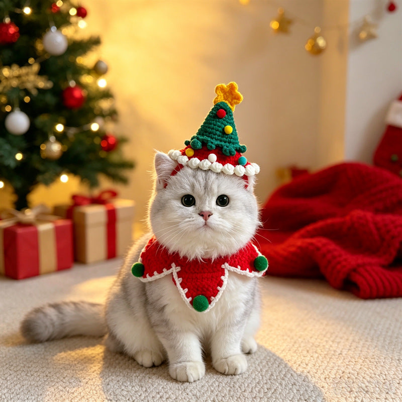 Cat and Dog Triangular Christmas Bib, Neck Scarf, Hat Set, Pet Holiday Bell Christmas Scarf