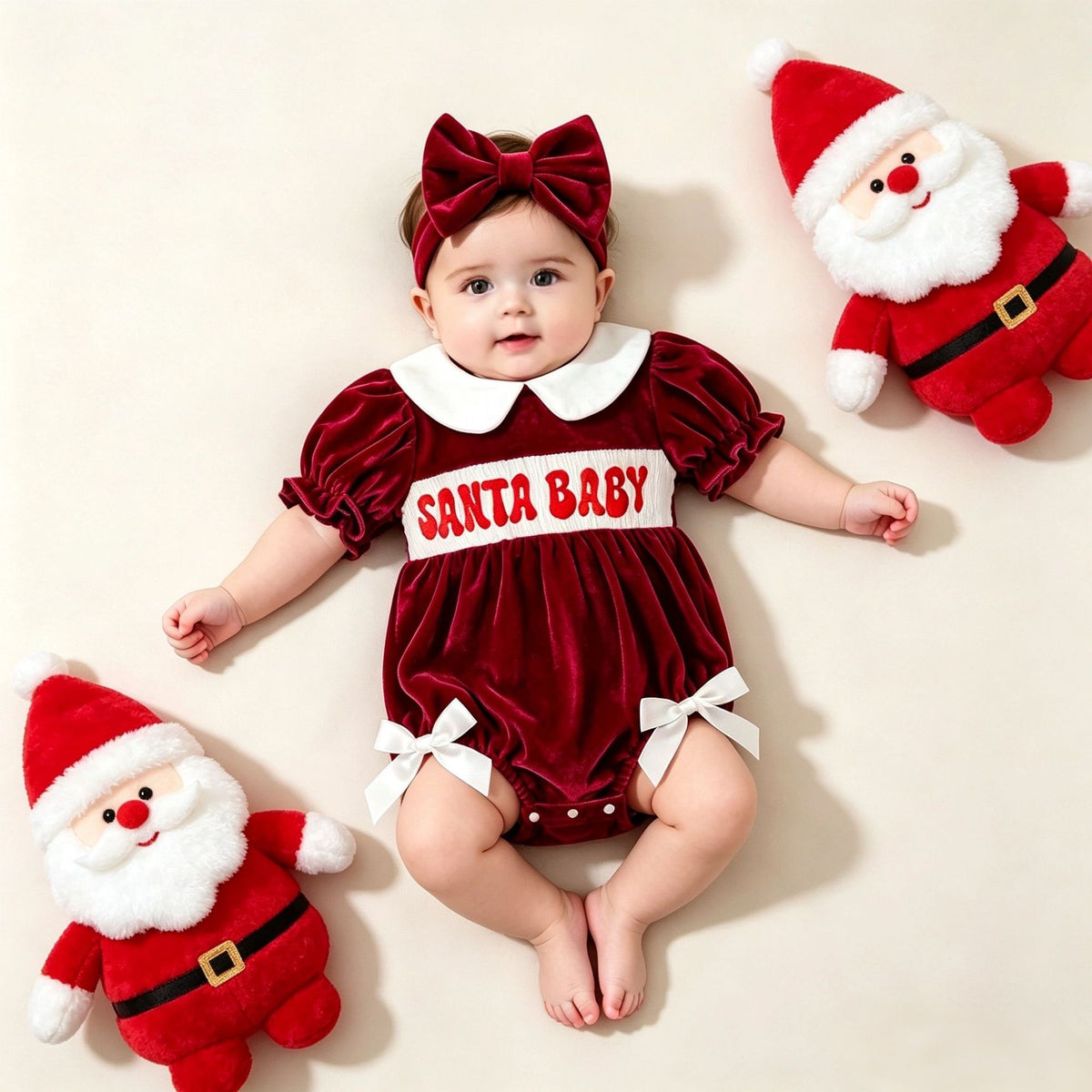 Baby Girl's Christmas Red Velvet Romper With Letter Embroidery + Bow Hair Accessory