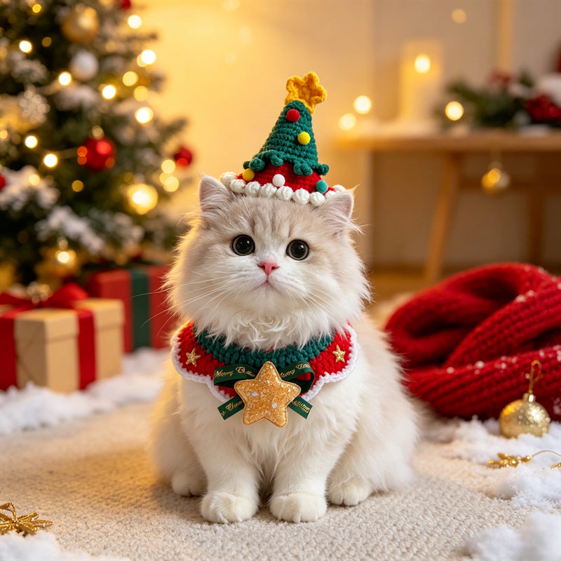 Cat and Dog Triangular Christmas Bib, Neck Scarf, Hat Set, Pet Holiday Bell Christmas Scarf