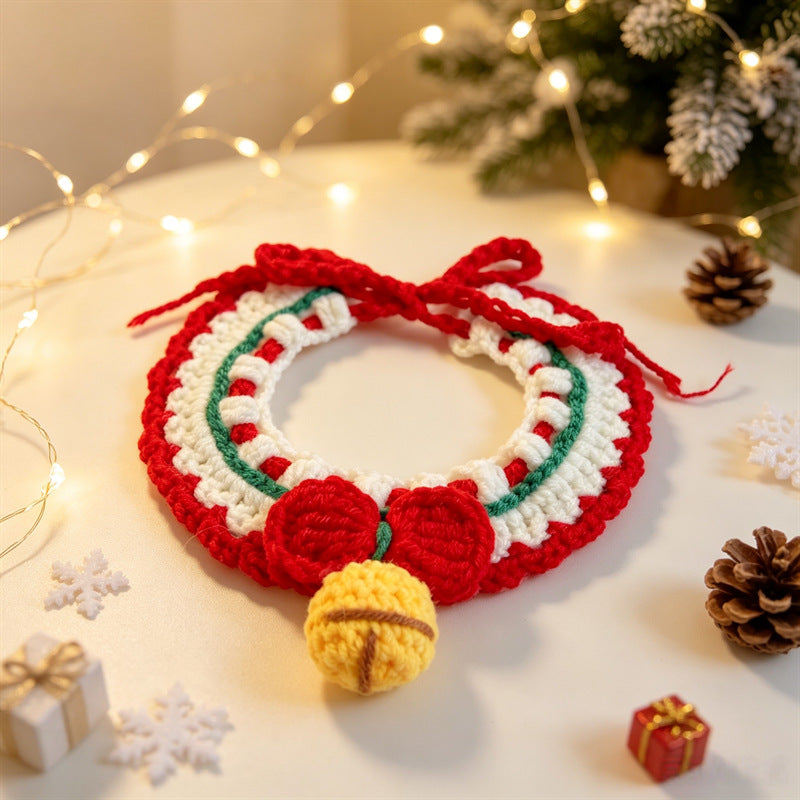 Cat and Dog Triangular Christmas Bib, Neck Scarf, Hat Set, Pet Holiday Bell Christmas Scarf