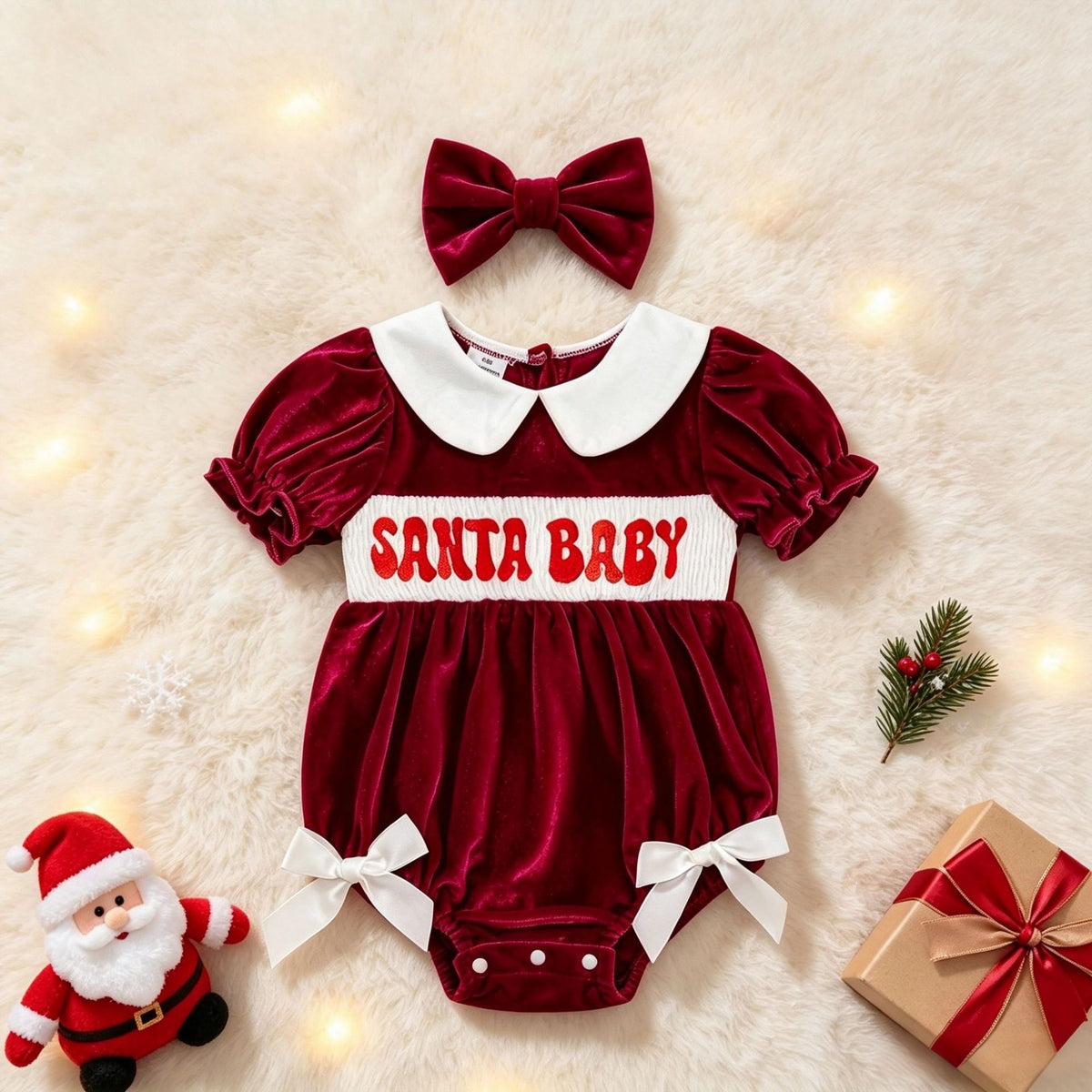 Baby Girl's Christmas Red Velvet Romper With Letter Embroidery + Bow Hair Accessory