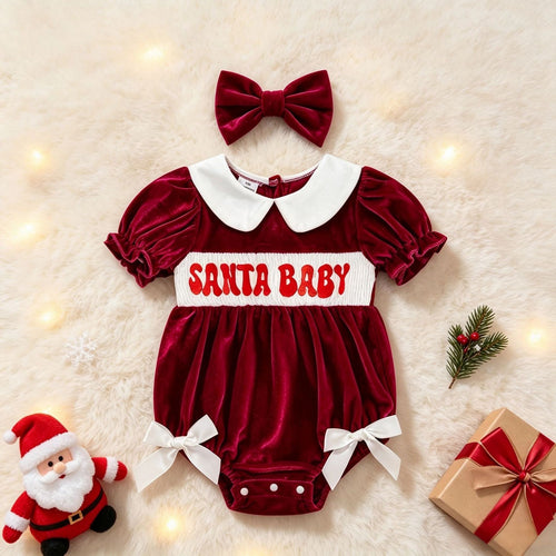 Baby Girl's Christmas Red Velvet Romper With Letter Embroidery + Bow Hair Accessory