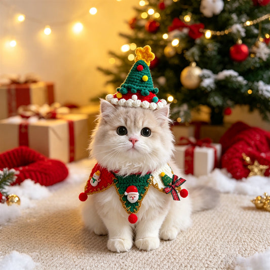 Cat and Dog Triangular Christmas Bib, Neck Scarf, Hat Set, Pet Holiday Bell Christmas Scarf