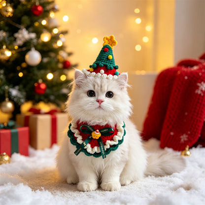 Cat and Dog Triangular Christmas Bib, Neck Scarf, Hat Set, Pet Holiday Bell Christmas Scarf