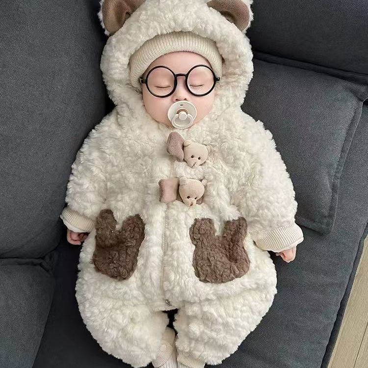 Hooded Baby Jumpsuit – Soft Rabbit Fleece One-Piece Outfit for 0–2 Years