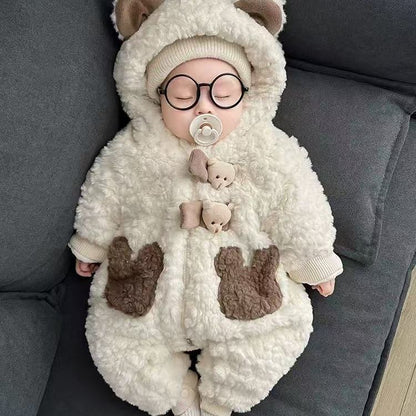 Hooded Baby Jumpsuit – Soft Rabbit Fleece One-Piece Outfit for 0–2 Years
