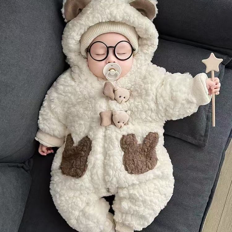 Hooded Baby Jumpsuit – Soft Rabbit Fleece One-Piece Outfit for 0–2 Years