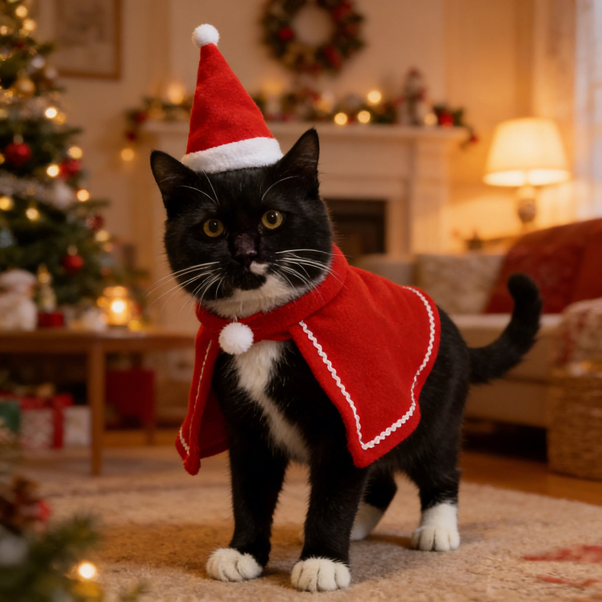 New Year Festive Cape Christmas Style Cat Cloak Hat Set Small Dog Autumn Winter Warm Shawl