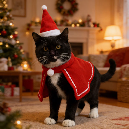 New Year Festive Cape Christmas Style Cat Cloak Hat Set Small Dog Autumn Winter Warm Shawl