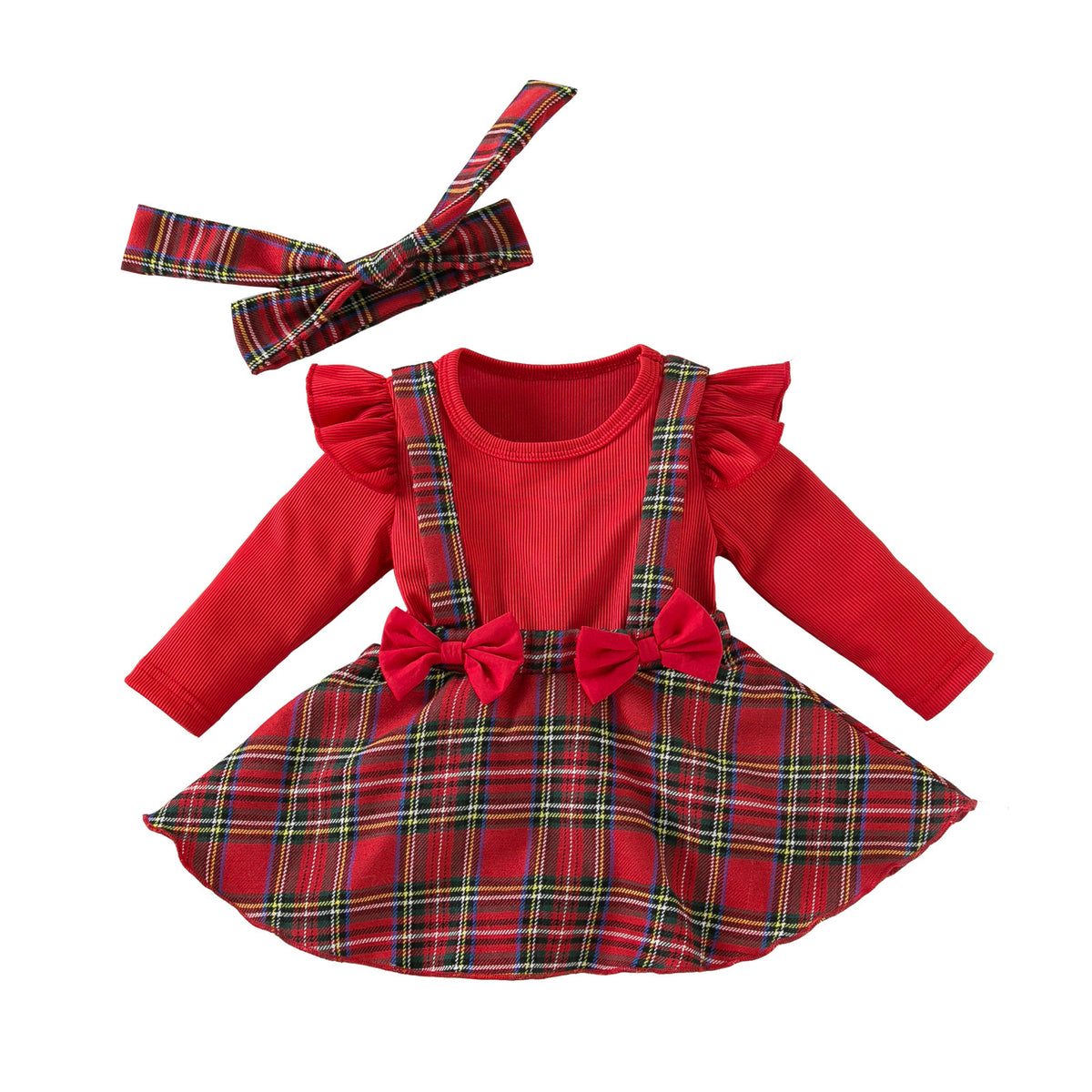 Baby Jumpsuit Plaid Dress Christmas Strap Dress Two-Piece Long-Sleeved