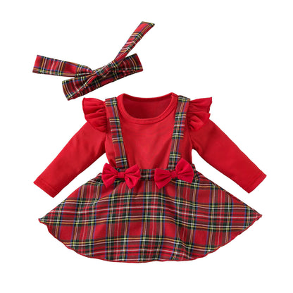 Baby Jumpsuit Plaid Dress Christmas Strap Dress Two-Piece Long-Sleeved