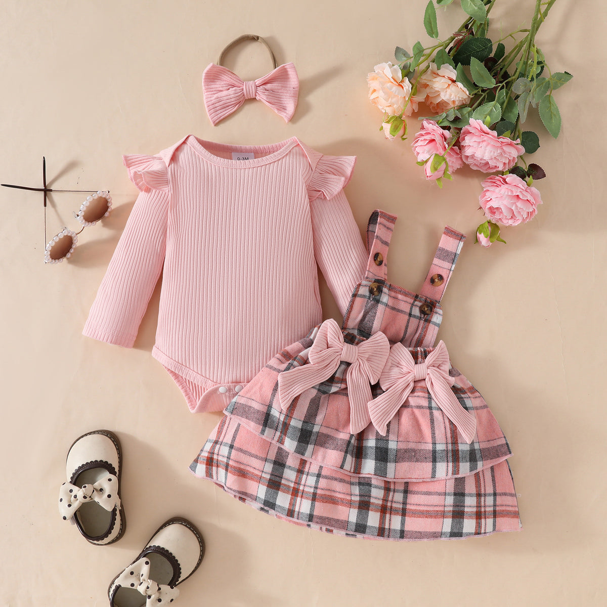 Newborn Baby Girl Spring & Fall Style Flying Sleeves Long-Sleeved Plaid Skirt Hair Accessories 3-Piece Set