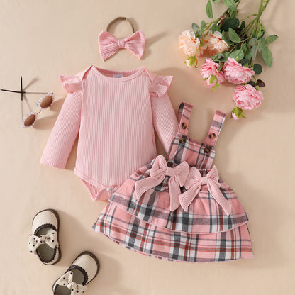 Newborn Baby Girl Spring & Fall Style Flying Sleeves Long-Sleeved Plaid Skirt Hair Accessories 3-Piece Set