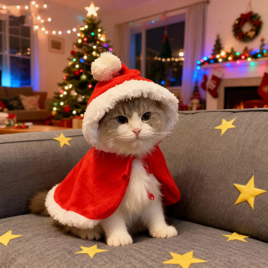 Pet Christmas Cape Little Red Riding Hood Christmas Costume Cute Hat Headwear Neck Scarf