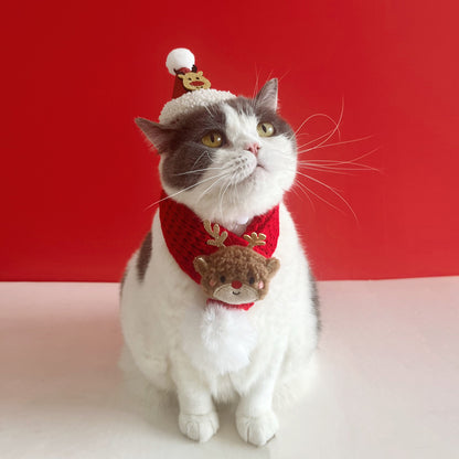 Pet Christmas suit Cat Scarf Headwear Scarf Medium and Small Dog Knitted Wool Hanging Hair Ball Elk