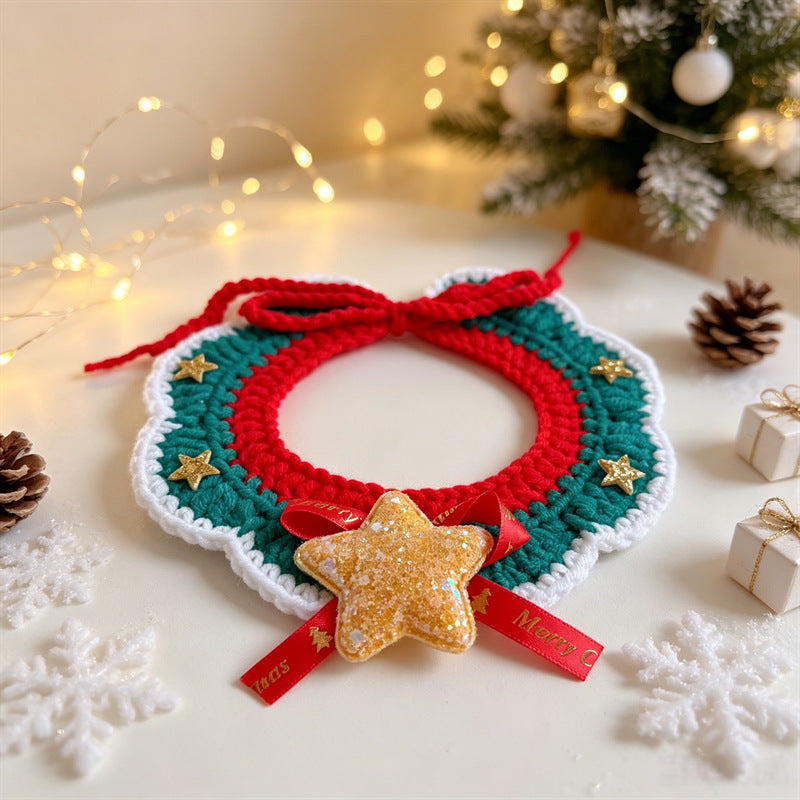 Cat and Dog Triangular Christmas Bib, Neck Scarf, Hat Set, Pet Holiday Bell Christmas Scarf