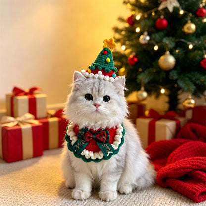 Cat and Dog Triangular Christmas Bib, Neck Scarf, Hat Set, Pet Holiday Bell Christmas Scarf