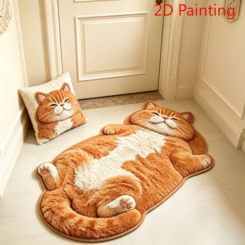 Cartoon Cat Imitation Cashmere Floor Mat 2D Painting, Cute Cat Lover Gift Home Decor