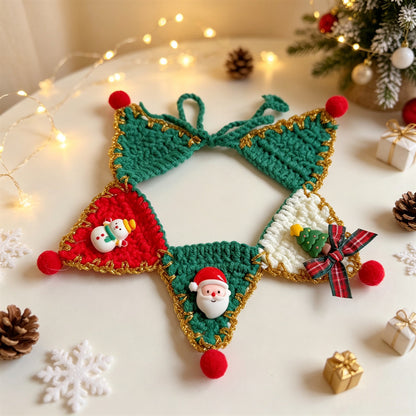 Cat and Dog Triangular Christmas Bib, Neck Scarf, Hat Set, Pet Holiday Bell Christmas Scarf