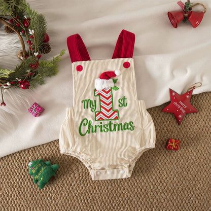 Christmas Corduroy Sleeveless Romper for Baby Girls, Cute Embroidered Baby Jumpsuit