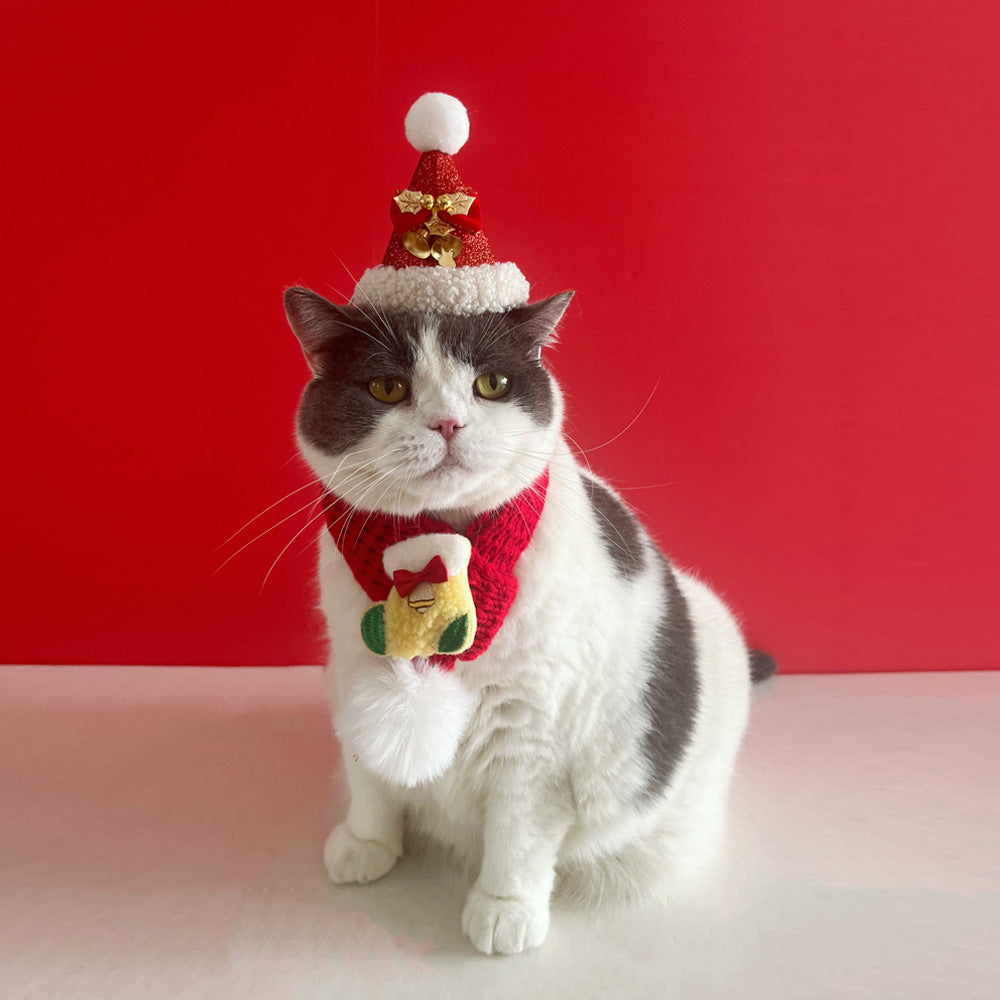 Pet Christmas suit Cat Scarf Headwear Scarf Medium and Small Dog Knitted Wool Hanging Hair Ball Elk