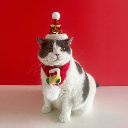 Pet Christmas suit Cat Scarf Headwear Scarf Medium and Small Dog Knitted Wool Hanging Hair Ball Elk
