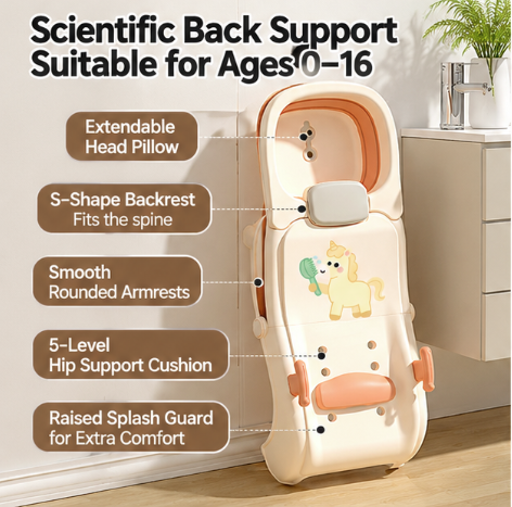 Foldable Baby Bath Seat with Adjustable Headrest – Ergonomic Reclining Toddler Bath Support with 5-Level Hip Support