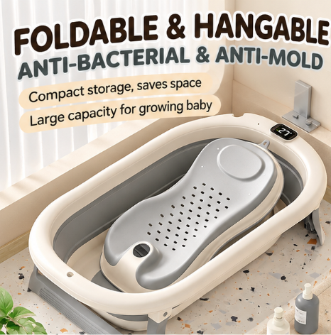 Foldable Baby Bathtub with Temperature Display & Bath Support – Space Saving Infant Toddler Tub with Non-Slip Legs