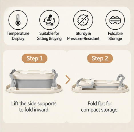 Foldable Baby Bathtub with Temperature Display & Bath Support – Space Saving Infant Toddler Tub with Non-Slip Legs