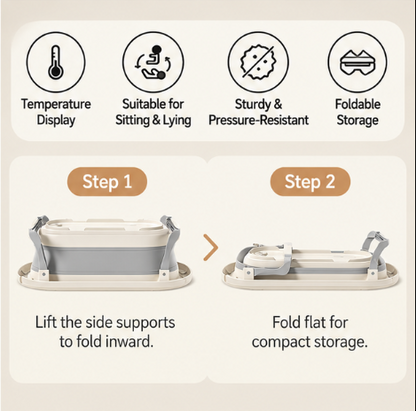 Foldable Baby Bathtub with Temperature Display & Bath Support – Space Saving Infant Toddler Tub with Non-Slip Legs