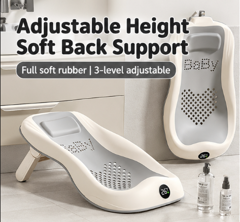 Foldable Baby Bath Support Seat with Digital Thermometer – 3-Level Adjustable Newborn Bath Lounger
