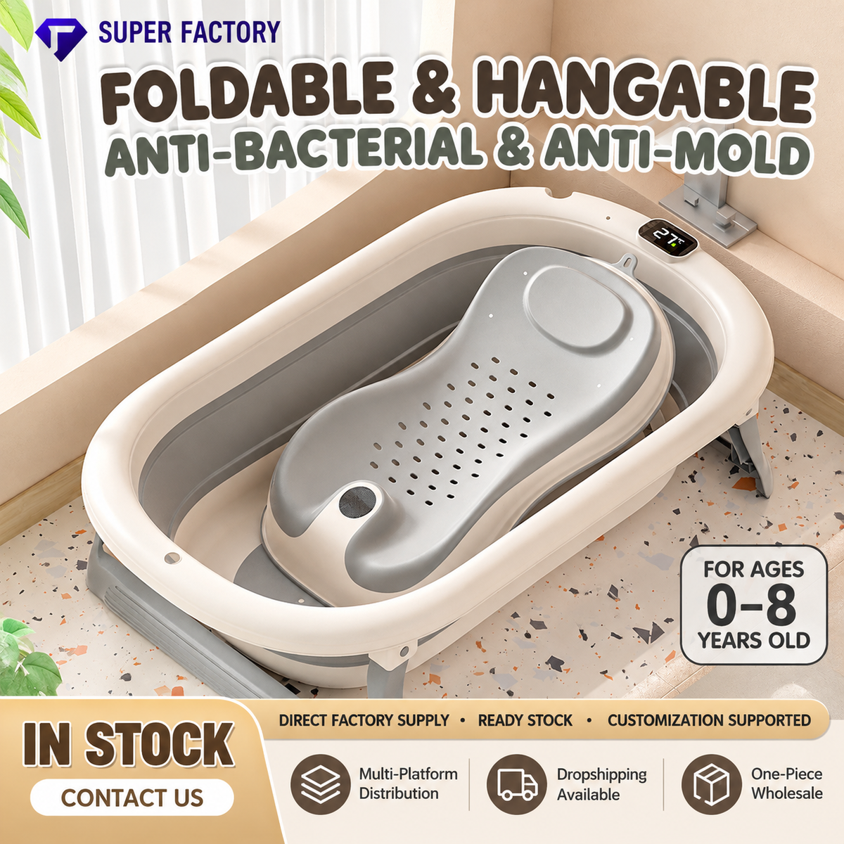Foldable Baby Bathtub with Temperature Display & Bath Support – Space Saving Infant Toddler Tub with Non-Slip Legs